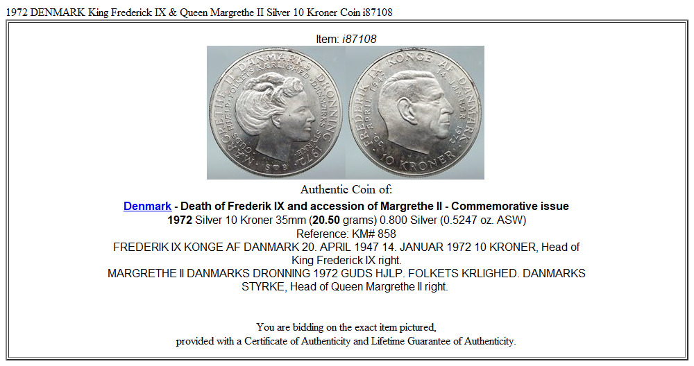 1972 DENMARK King Frederick IX & Queen Margrethe II Silver 10 Kroner Coin i87108