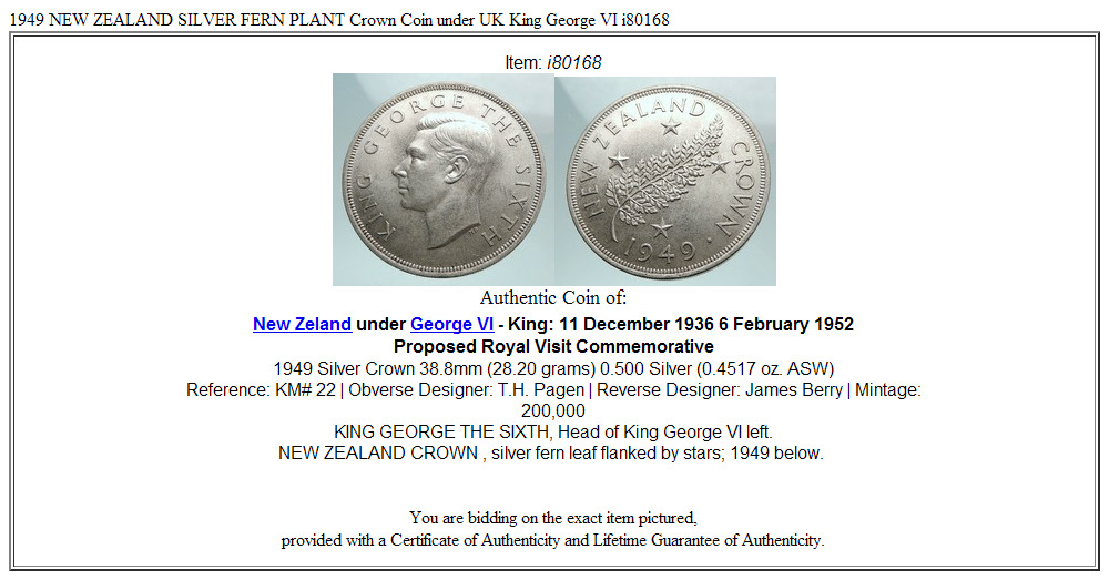 1949 NEW ZEALAND SILVER FERN PLANT Crown Coin under UK King George VI i80168