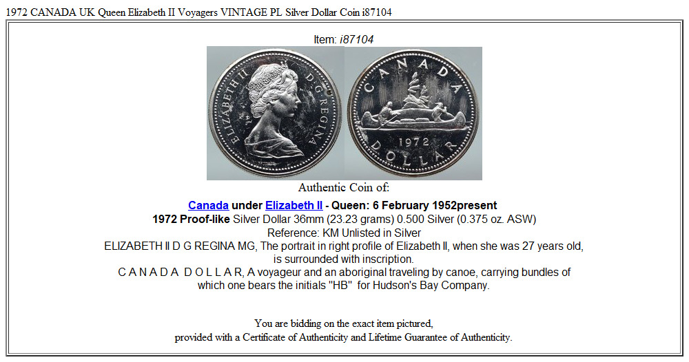 1972 CANADA UK Queen Elizabeth II Voyagers VINTAGE PL Silver Dollar Coin i87104