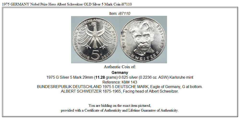 1975 GERMANY Nobel Prize Hero Albert Schweitzer OLD Silver 5 Mark Coin i87110