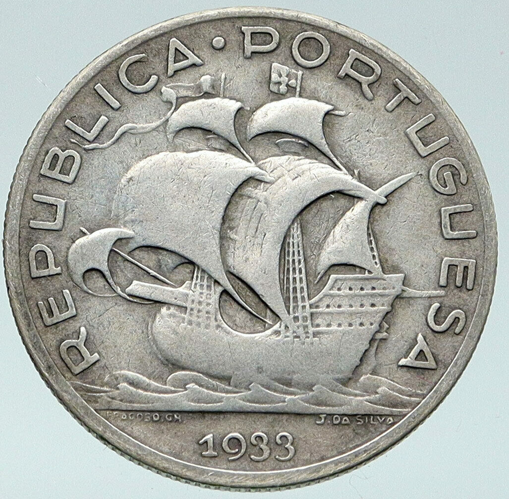 1933 PORTUGAL with PORTUGUESE SAILING SHIP Vintage Silver 5 Escudos Coin i87111