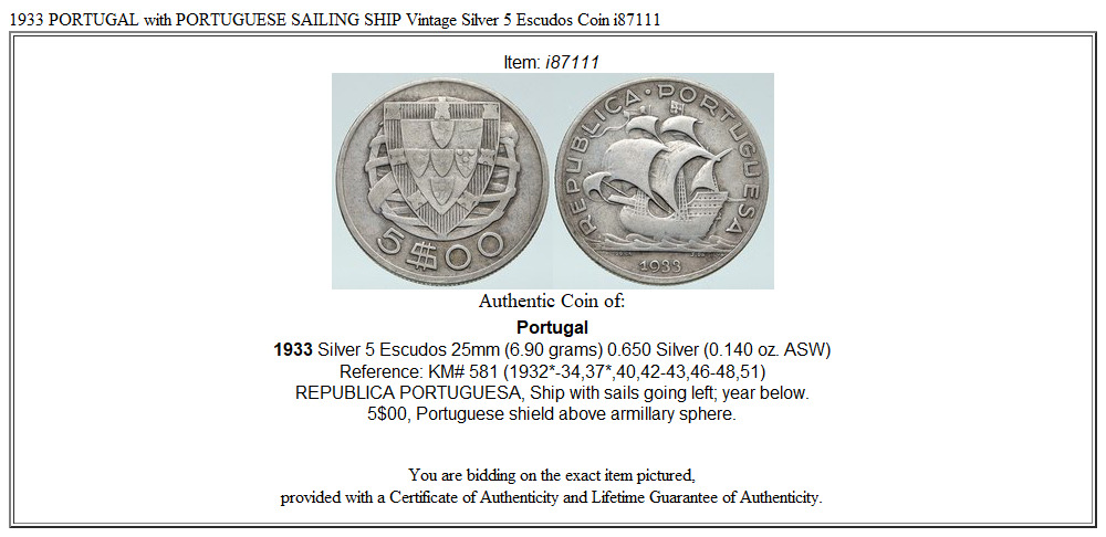 1933 PORTUGAL with PORTUGUESE SAILING SHIP Vintage Silver 5 Escudos Coin i87111