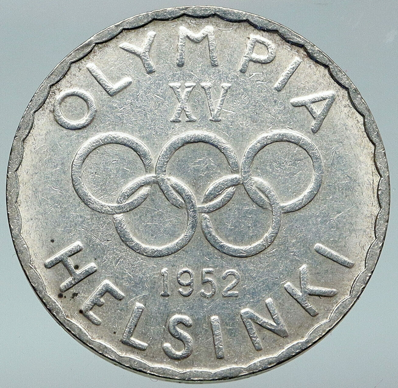 1952 FINLAND Summer Olympics Logo w Rings Genuine Silver 500 Markkaa Coin i87107