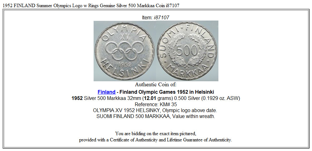 1952 FINLAND Summer Olympics Logo w Rings Genuine Silver 500 Markkaa Coin i87107