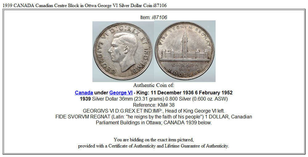 1939 CANADA Canadian Centre Block in Ottwa George VI Silver Dollar Coin i87106