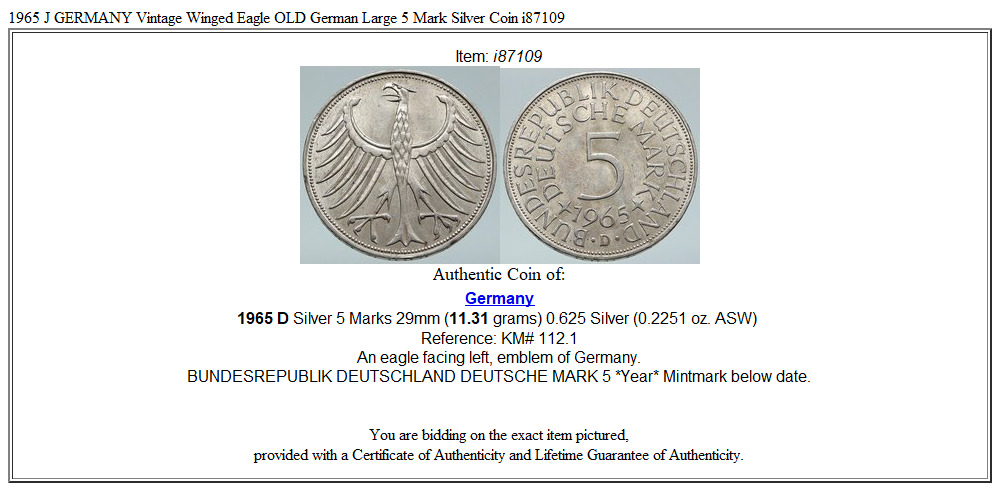 1965 J GERMANY Vintage Winged Eagle OLD German Large 5 Mark Silver Coin i87109