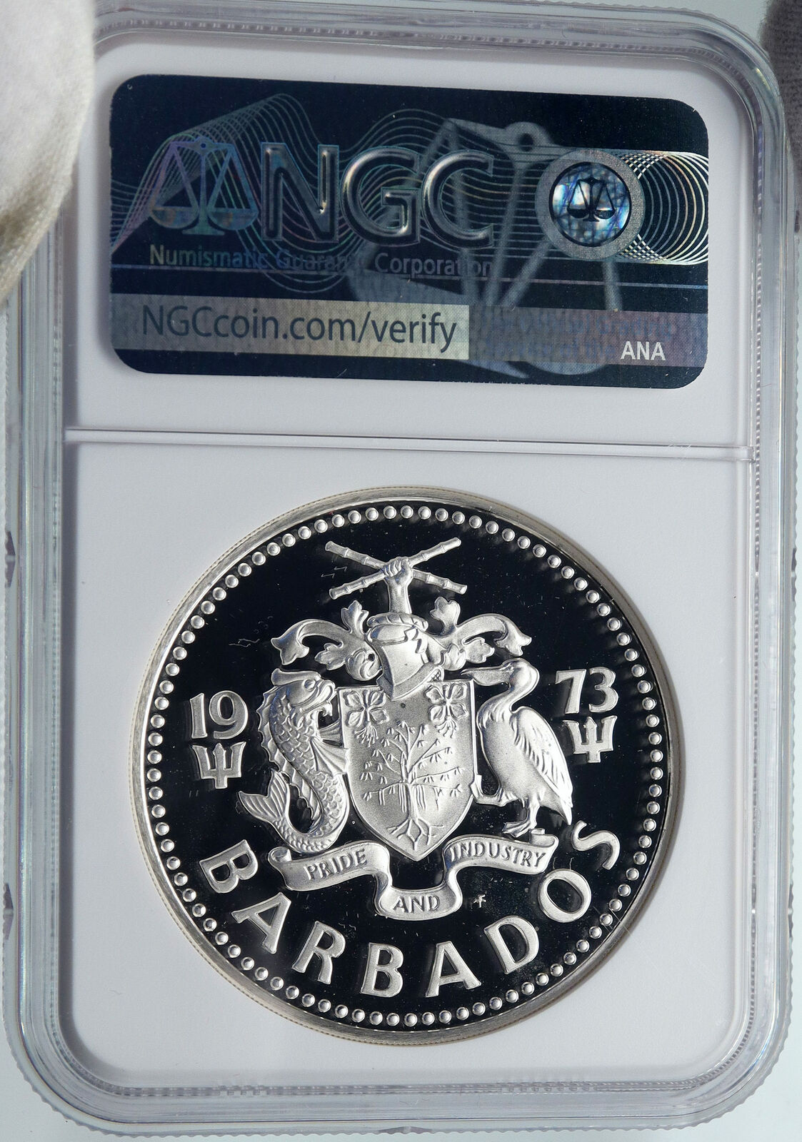 1973 BARBADOS Proof HUGE 4.2cm Silver 10 Dollars Coin w NEPTUNE NGC i87118