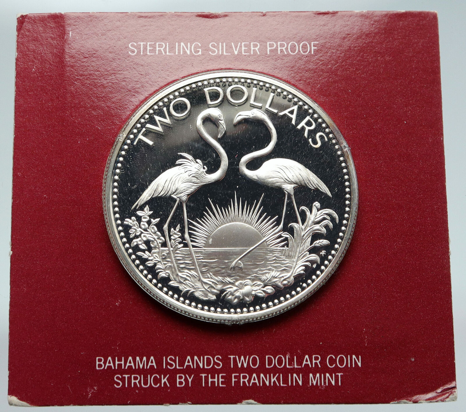 1974 The BAHAMAS Islands TWO FLAMINGOS Vintage Proof Silver 2 Dollar Coin i87169