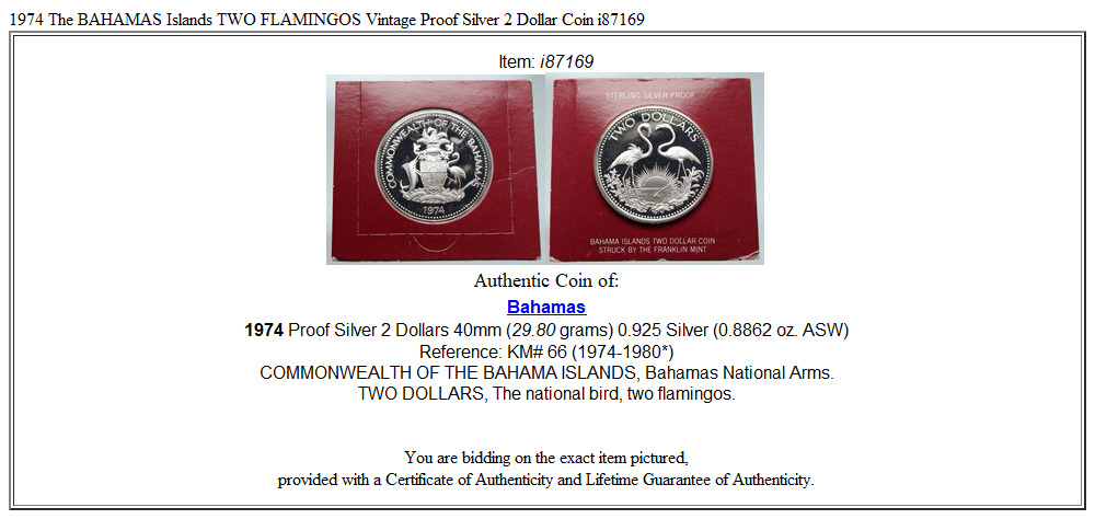 1974 The BAHAMAS Islands TWO FLAMINGOS Vintage Proof Silver 2 Dollar Coin i87169