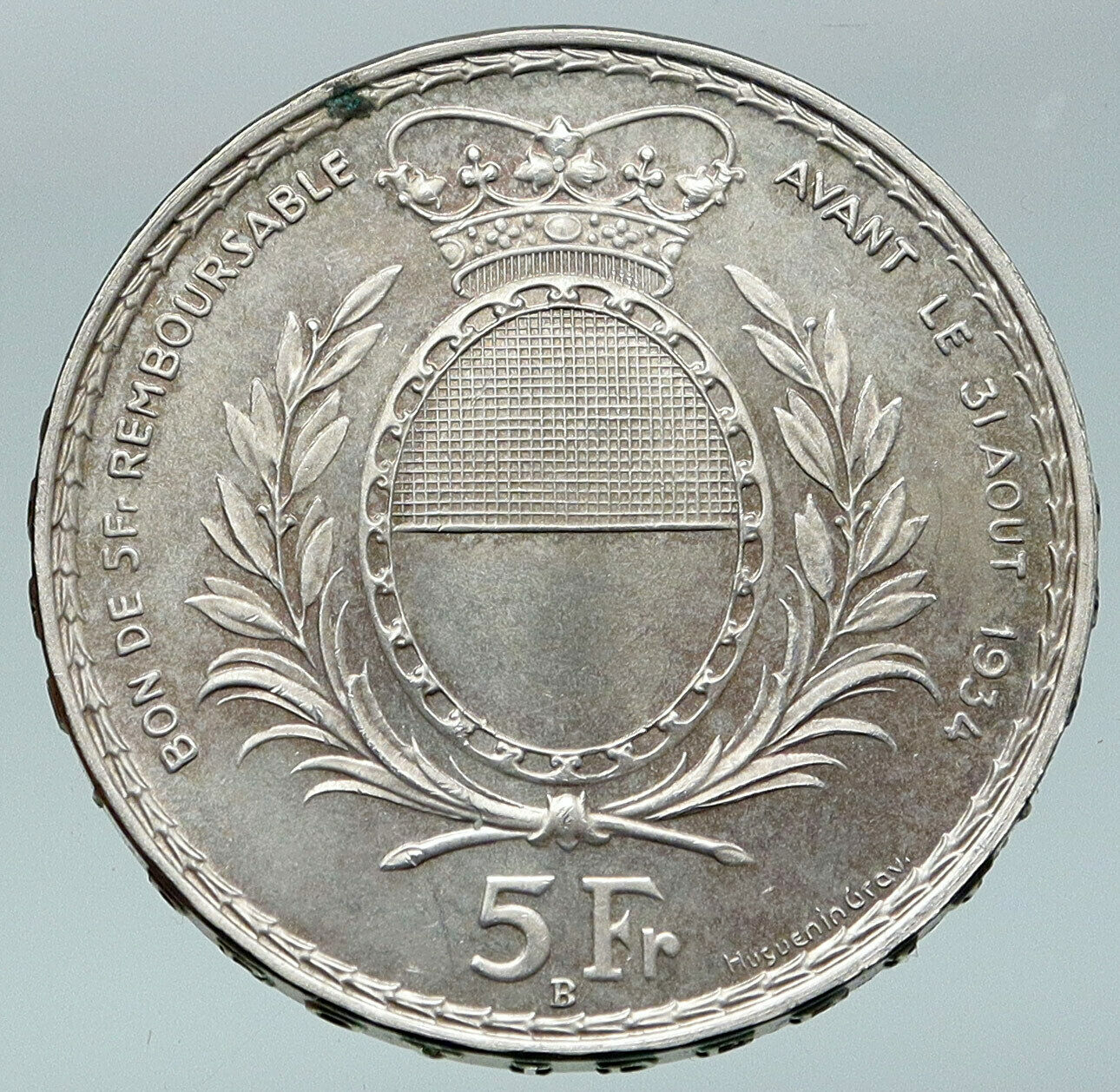 1934 SWITZERLAND Swiss SHOOTING FESTIVAL Fribourg Genuine Silver 5 F Coin i87163