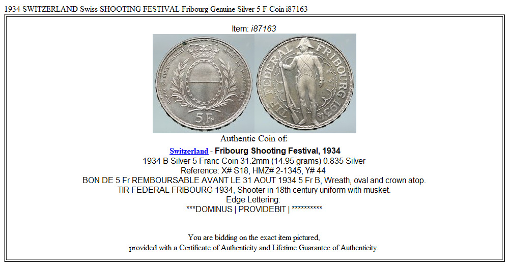 1934 SWITZERLAND Swiss SHOOTING FESTIVAL Fribourg Genuine Silver 5 F Coin i87163