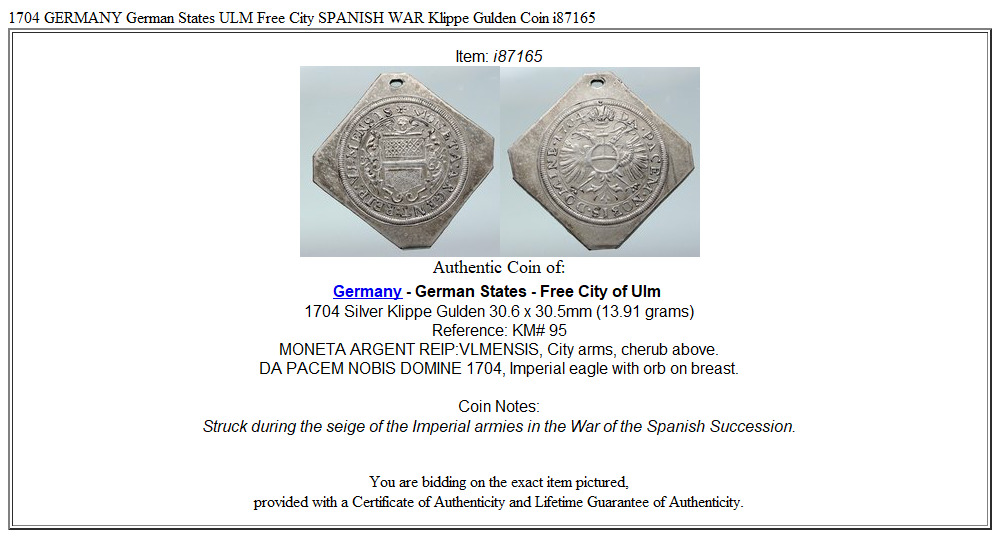 1704 GERMANY German States ULM Free City SPANISH WAR Klippe Gulden Coin i87165