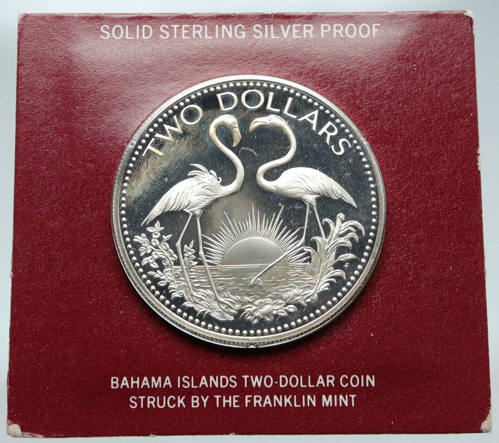 1975 The BAHAMAS Islands TWO FLAMINGOS Vintage Proof Silver 2 Dollar Coin i87167