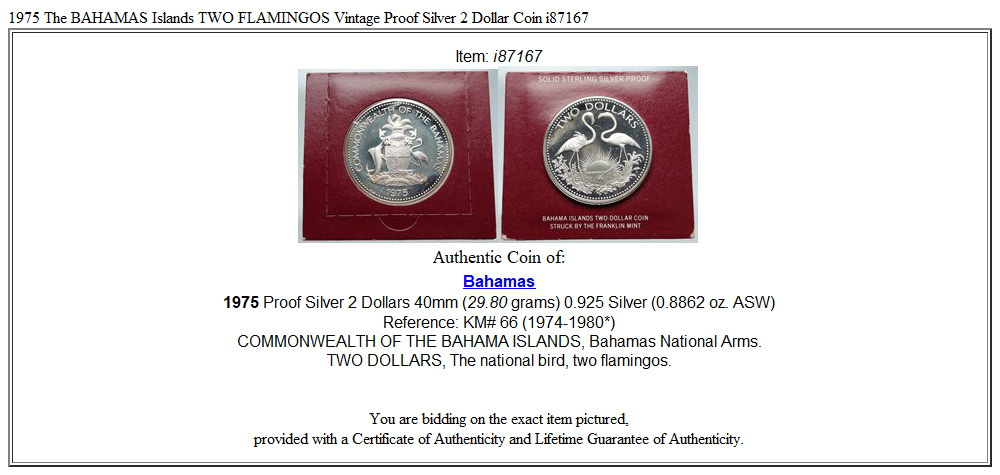 1975 The BAHAMAS Islands TWO FLAMINGOS Vintage Proof Silver 2 Dollar Coin i87167