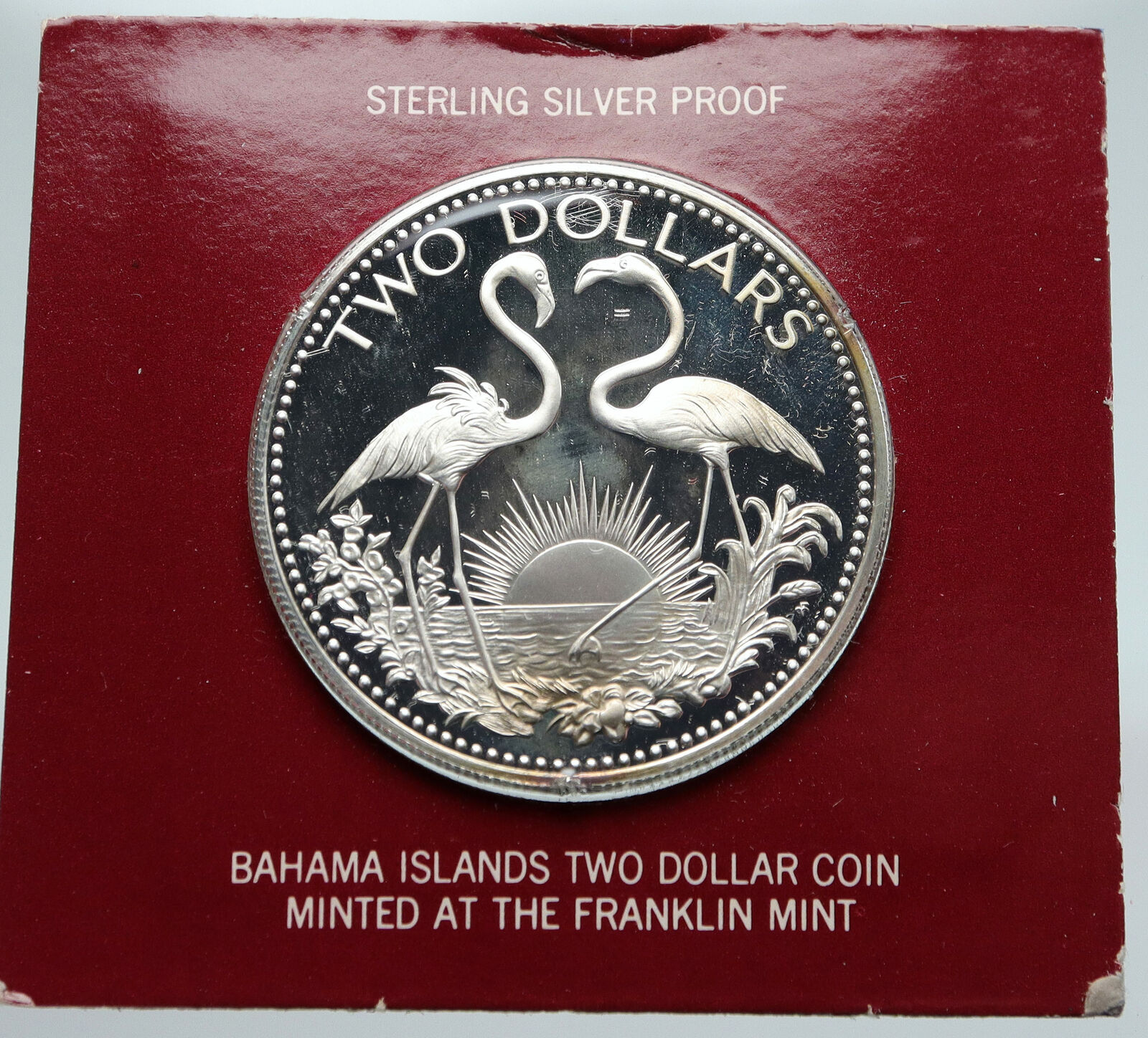 1974 The BAHAMAS Islands TWO FLAMINGOS Vintage Proof Silver 2 Dollar Coin i87170