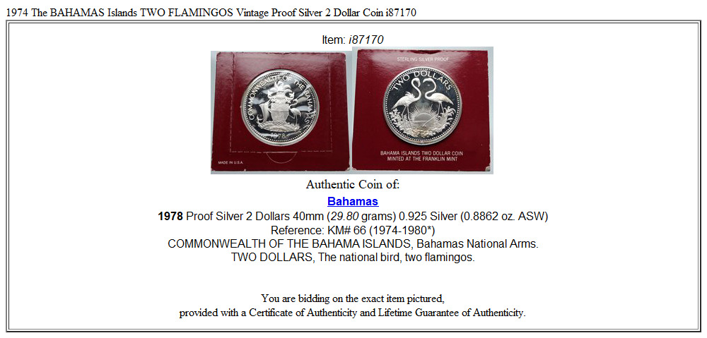 1974 The BAHAMAS Islands TWO FLAMINGOS Vintage Proof Silver 2 Dollar Coin i87170