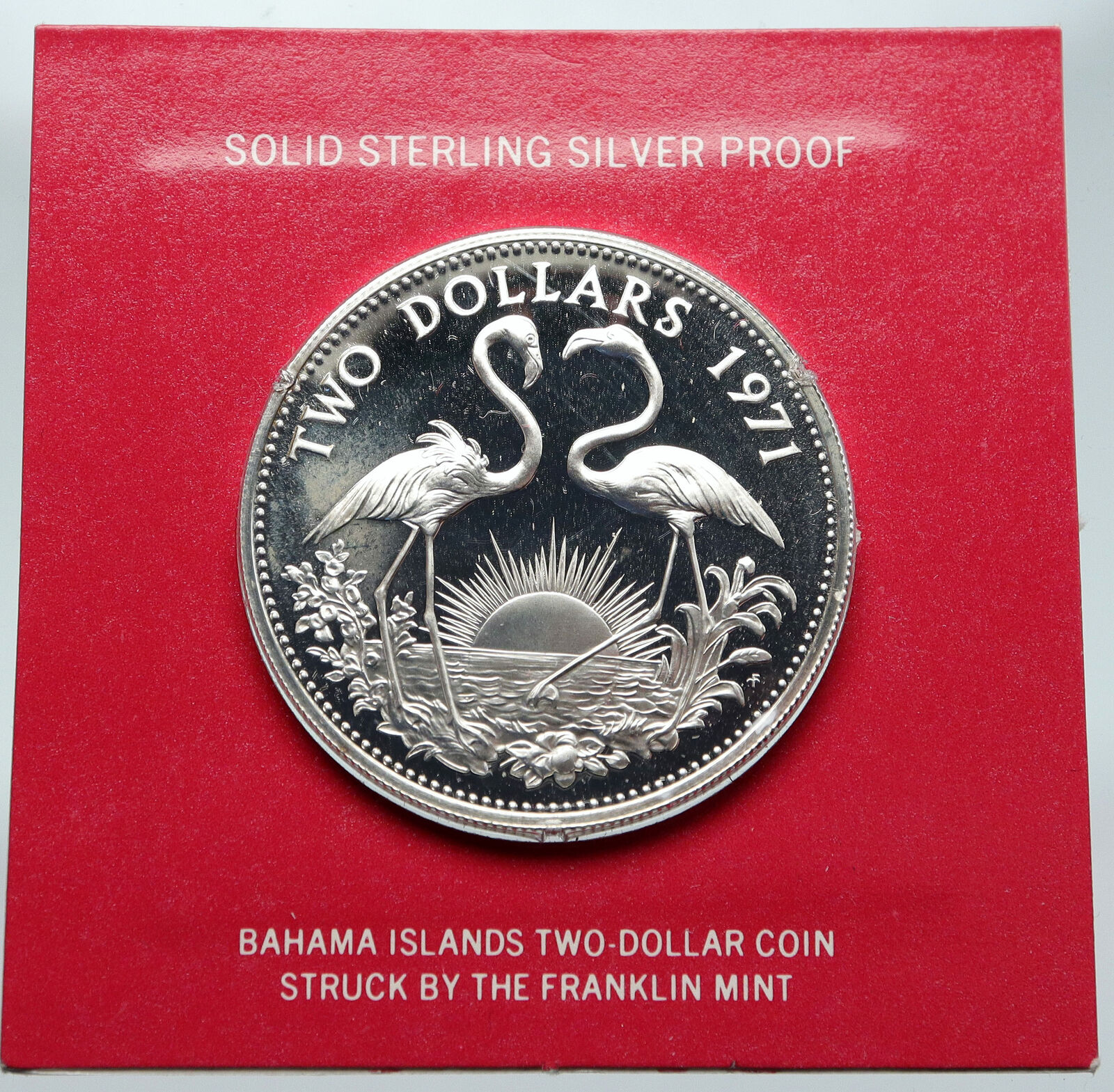 1971 The BAHAMAS Elizabeth II FLAMINGO Birds PROOF SILVER 2 Dollars Coin i87168