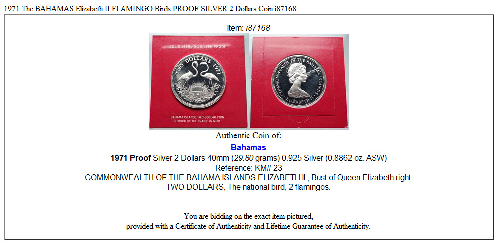 1971 The BAHAMAS Elizabeth II FLAMINGO Birds PROOF SILVER 2 Dollars Coin i87168