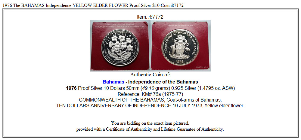 1976 The BAHAMAS Independence YELLOW ELDER FLOWER Proof Silver $10 Coin i87172