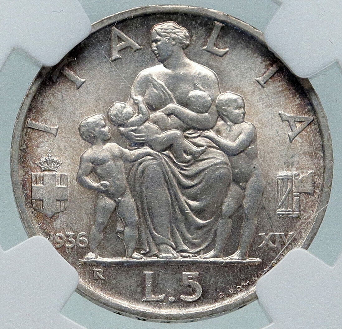 1936 ITALY King Victor Emmanuel III Silver 5 Lire Italian Coin EAGLE NGC i87142