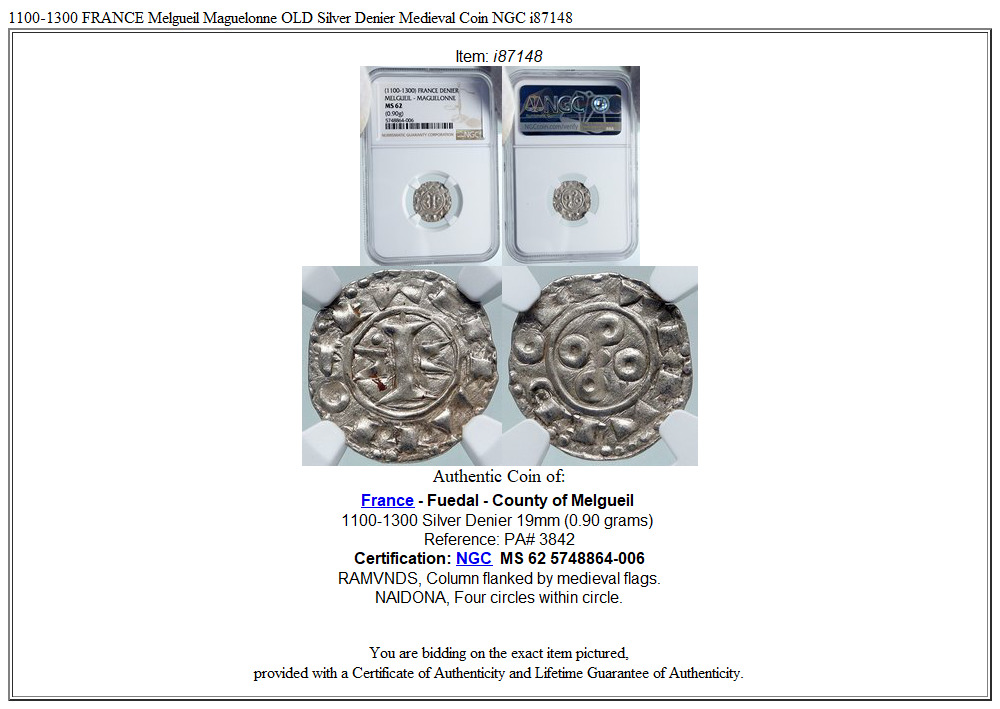 1100-1300 FRANCE Melgueil Maguelonne OLD Silver Denier Medieval Coin NGC i87148