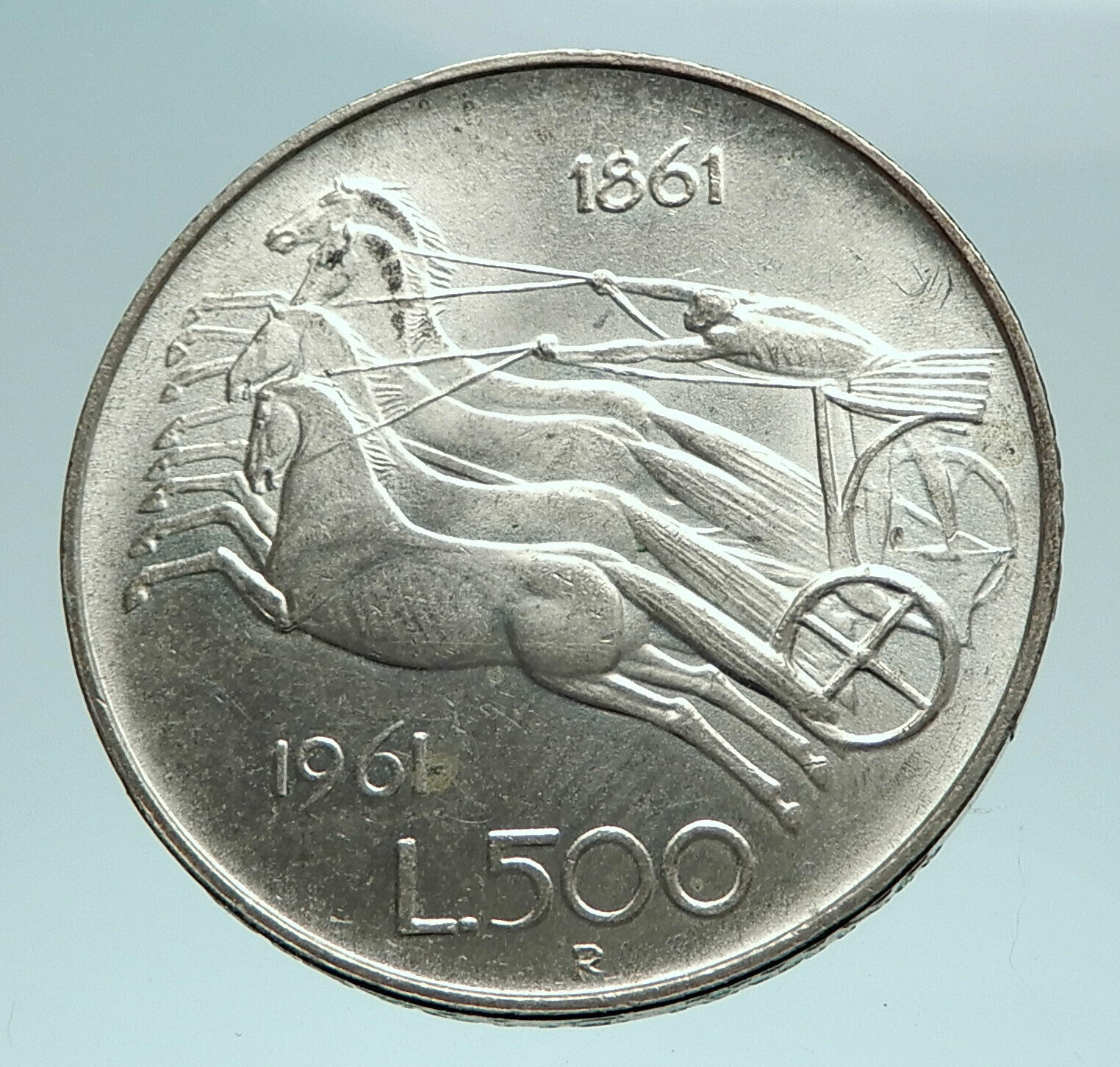 1961 ITALY Silver 500 Lire Coin ITALIAN UNIFICATION Rome Capital CHARIOT i79459