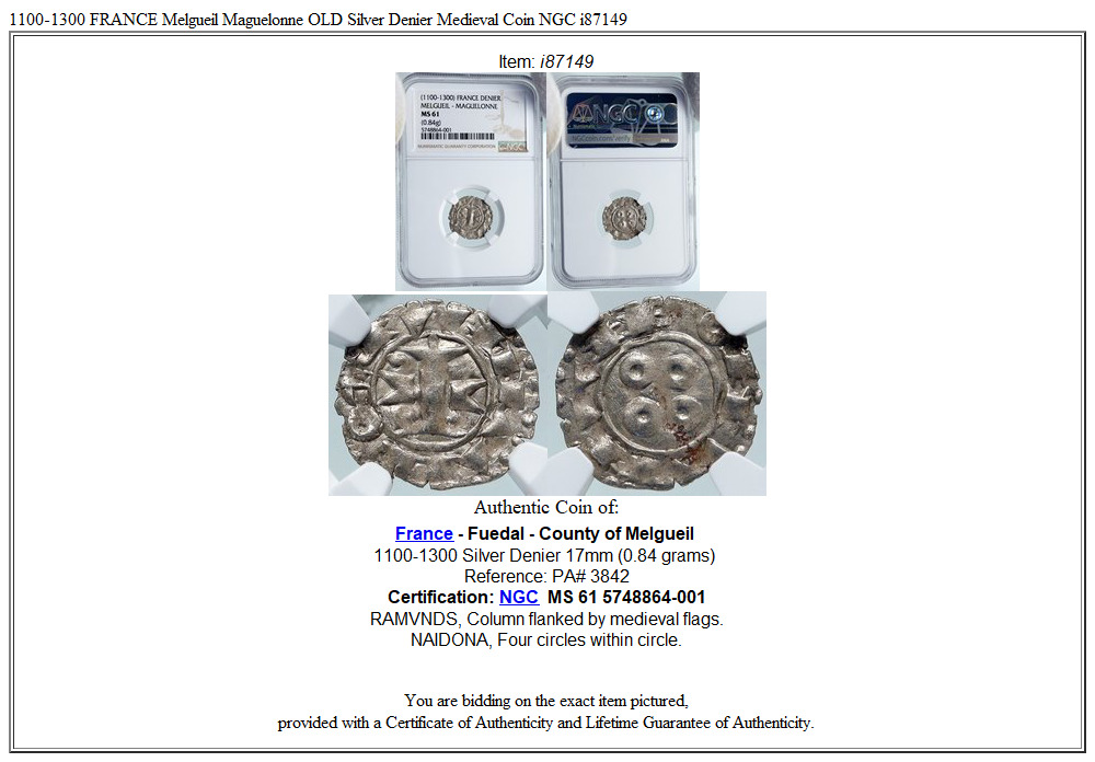 1100-1300 FRANCE Melgueil Maguelonne OLD Silver Denier Medieval Coin NGC i87149