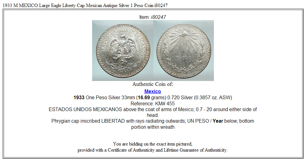 1933 M MEXICO Large Eagle Liberty Cap Mexican Antique Silver 1 Peso Coin i80247