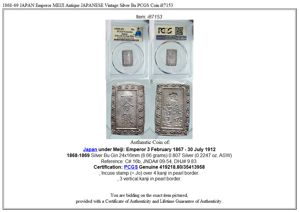 1868-69 JAPAN Emperor MEIJI Antique JAPANESE Vintage Silver Bu PCGS Coin i87153