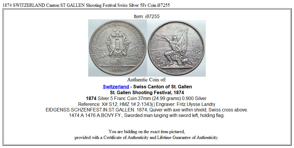 1874 SWITZERLAND Canton ST GALLEN Shooting Festival Swiss Silver 5Fr Coin i87255