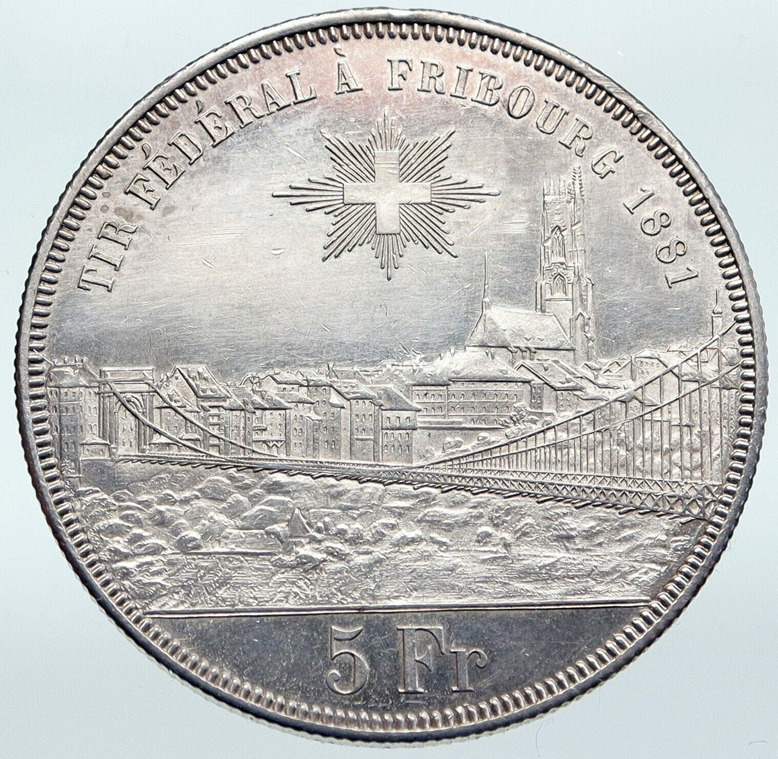 1881 SWITZERLAND Swiss SHOOTING FESTIVAL Fribourg ANTIQUE Silver 5 F Coin i87253