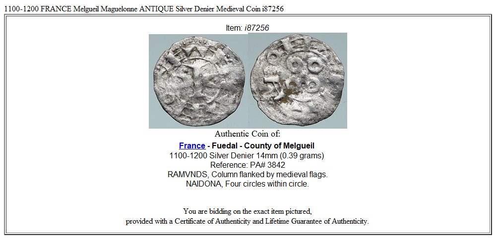 1100-1200 FRANCE Melgueil Maguelonne ANTIQUE Silver Denier Medieval Coin i87256