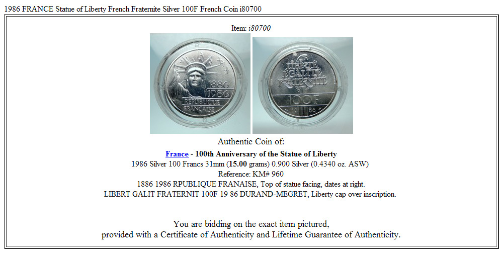 1986 FRANCE Gifts Statue of Liberty to US Huge Genuine Silver French Coin i80700