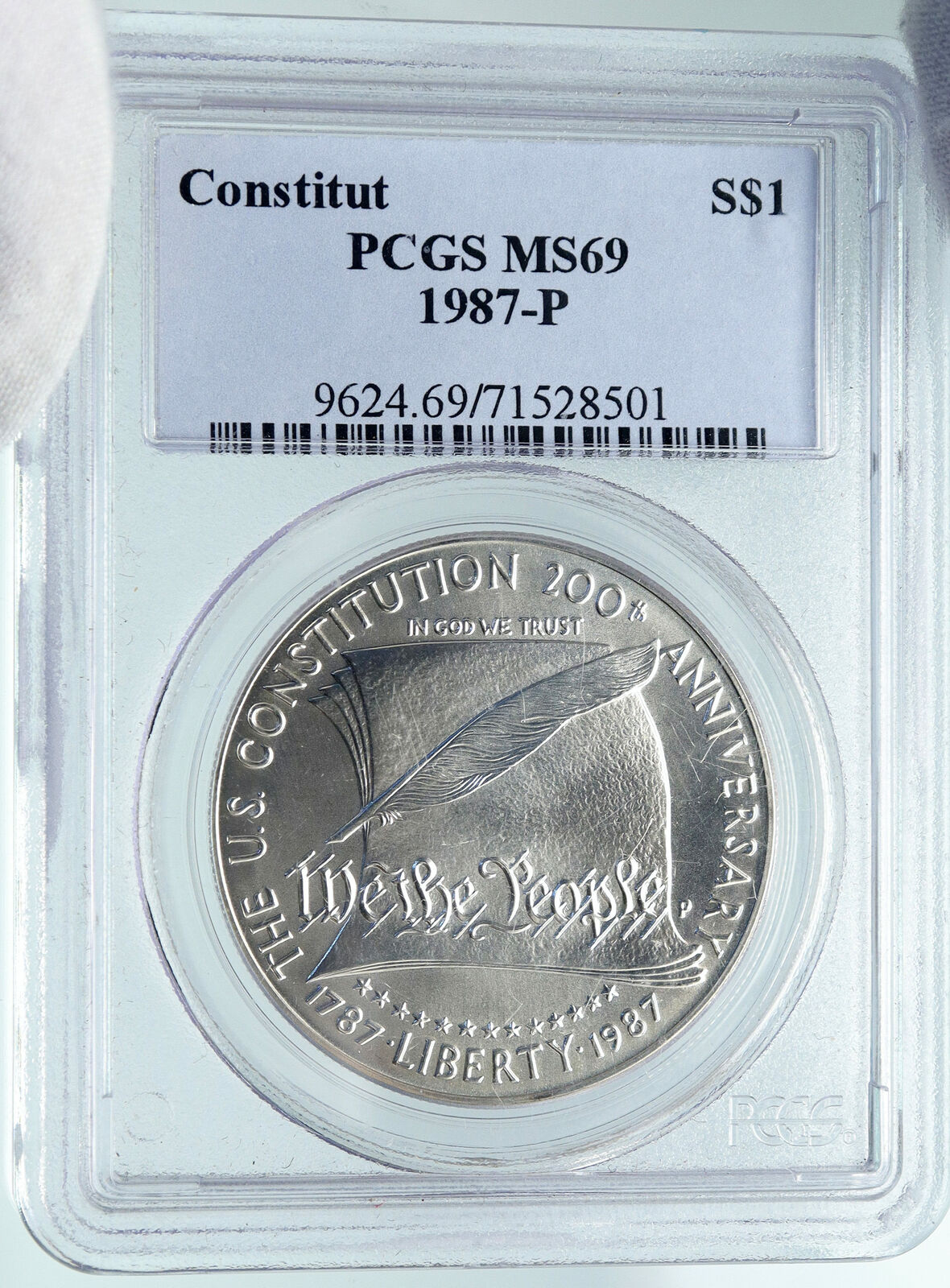 1987 UNITED STATES USA Constitution Quill Scroll SILVER Dollar Coin PCGS i87368