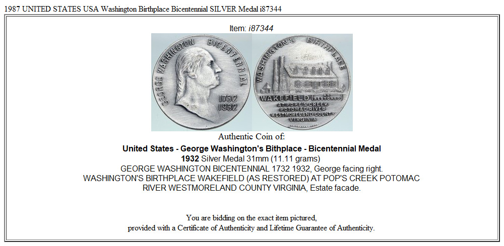 1987 UNITED STATES USA Washington Birthplace Bicentennial SILVER Medal i87344