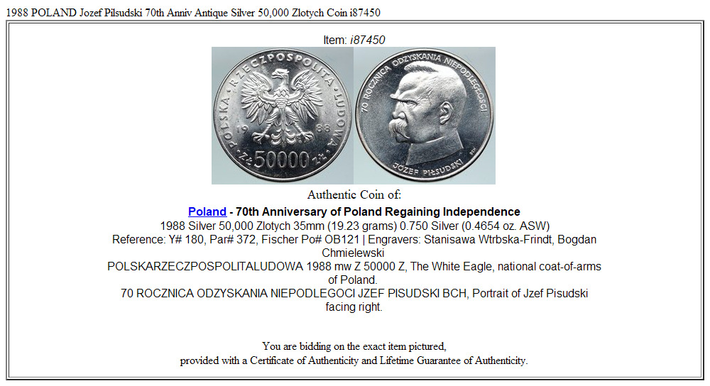 1988 POLAND Jozef Pilsudski 70th Anniv Antique Silver 50,000 Zlotych Coin i87450