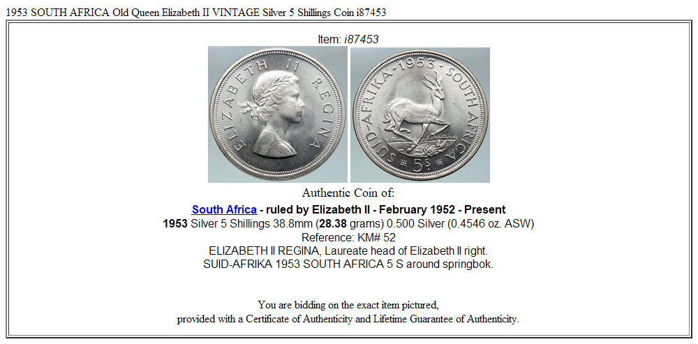 1953 SOUTH AFRICA Old Queen Elizabeth II VINTAGE Silver 5 Shillings Coin i87453