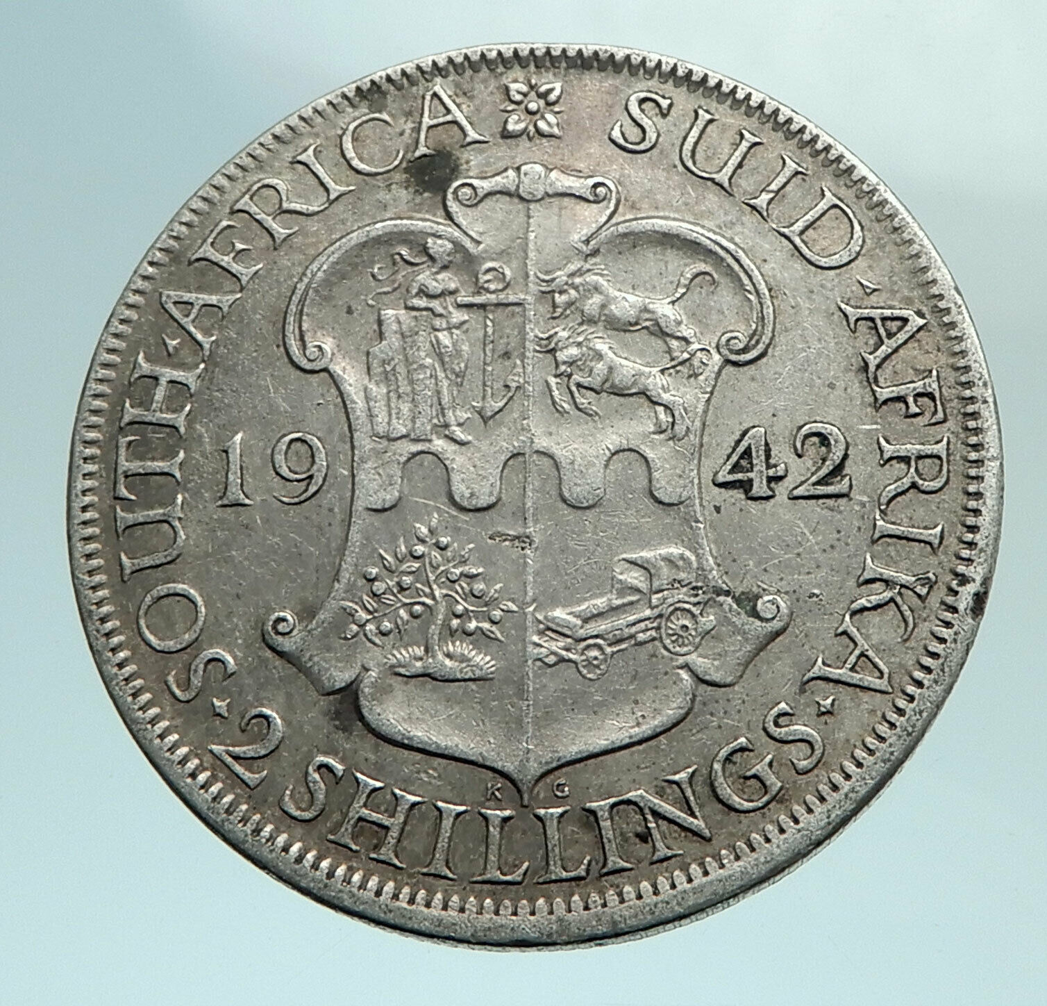 1942 SOUTH AFRICA Large GEORGE VI Shields Genuine Silver 2 Shillings Coin i79579