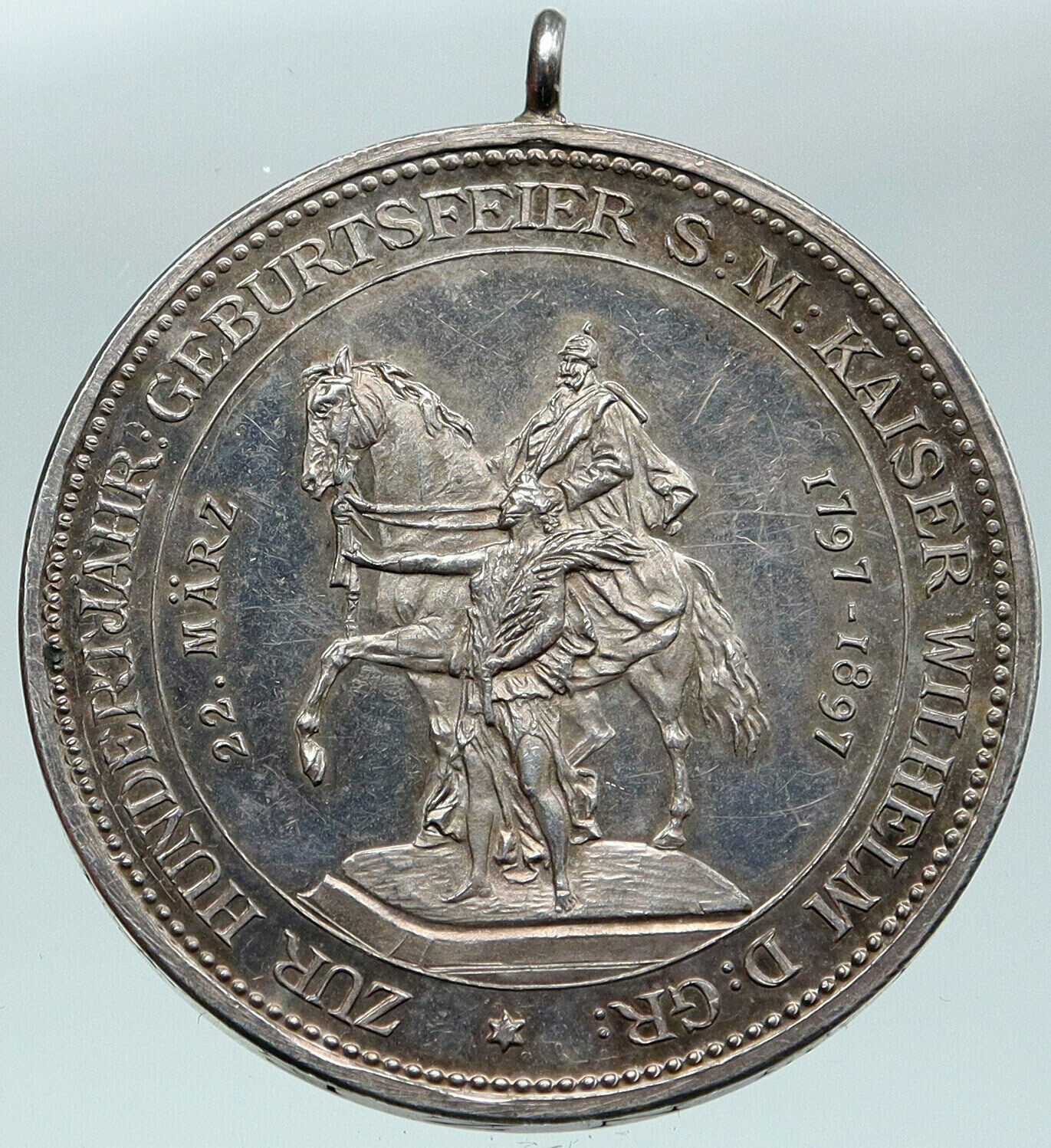 1897 GERMANY Emperor Wilhelm 100 Yr Birthday OLD ANTIQUE Silver Medal i87456