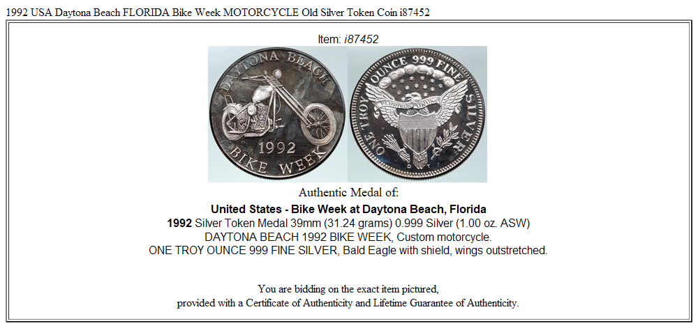 1992 USA Daytona Beach FLORIDA Bike Week MOTORCYCLE Old Silver Token Coin i87452