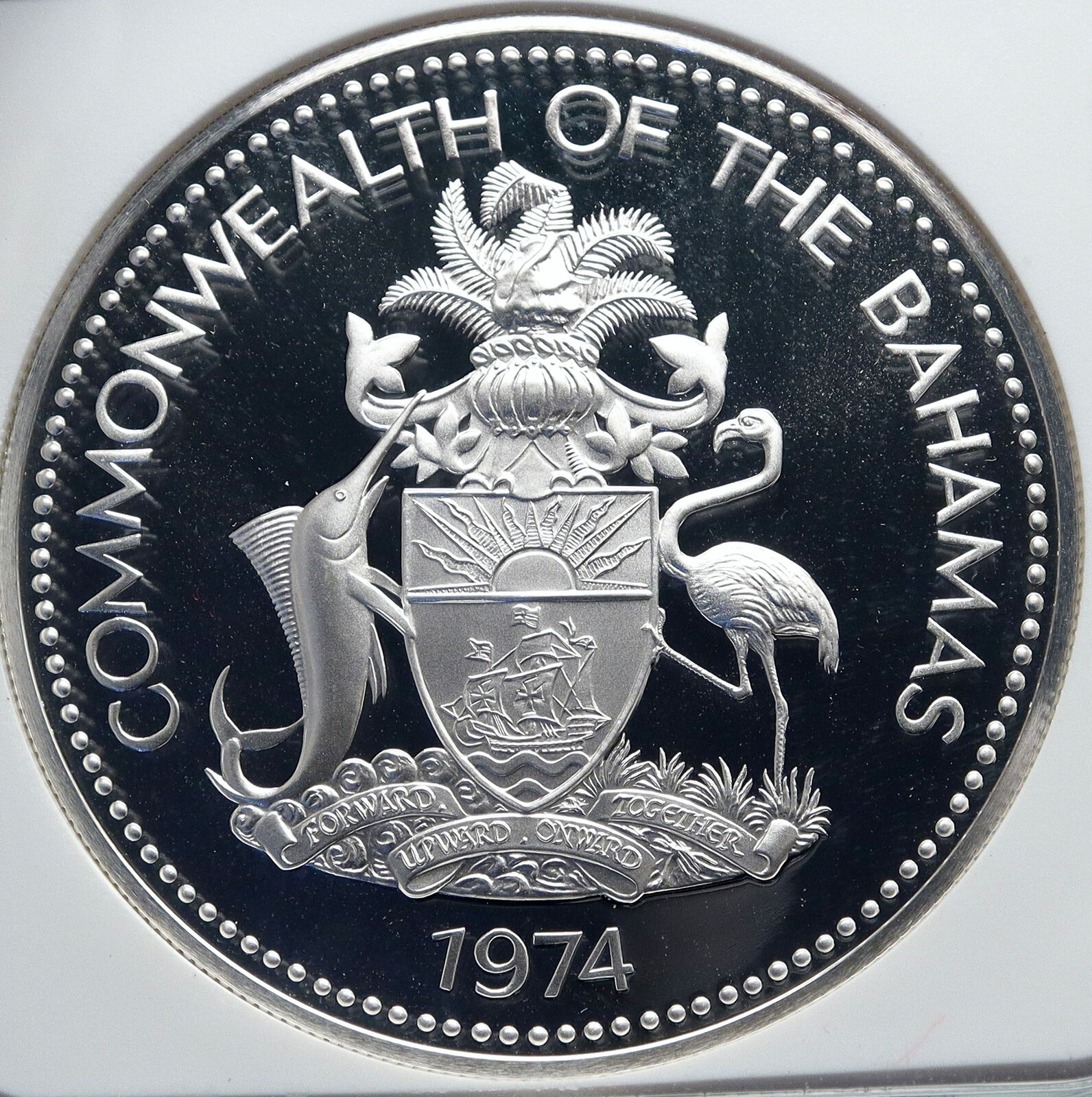 1974 BAHAMAS UK Queen Elizabeth II FLAG Old Proof Silver Coin $5 Coin NGC i87422