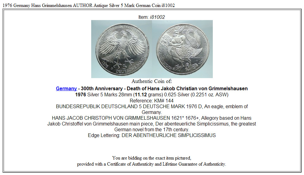 1976 Germany Hans Grimmelshausen AUTHOR Antique Silver 5 Mark German Coin i81002