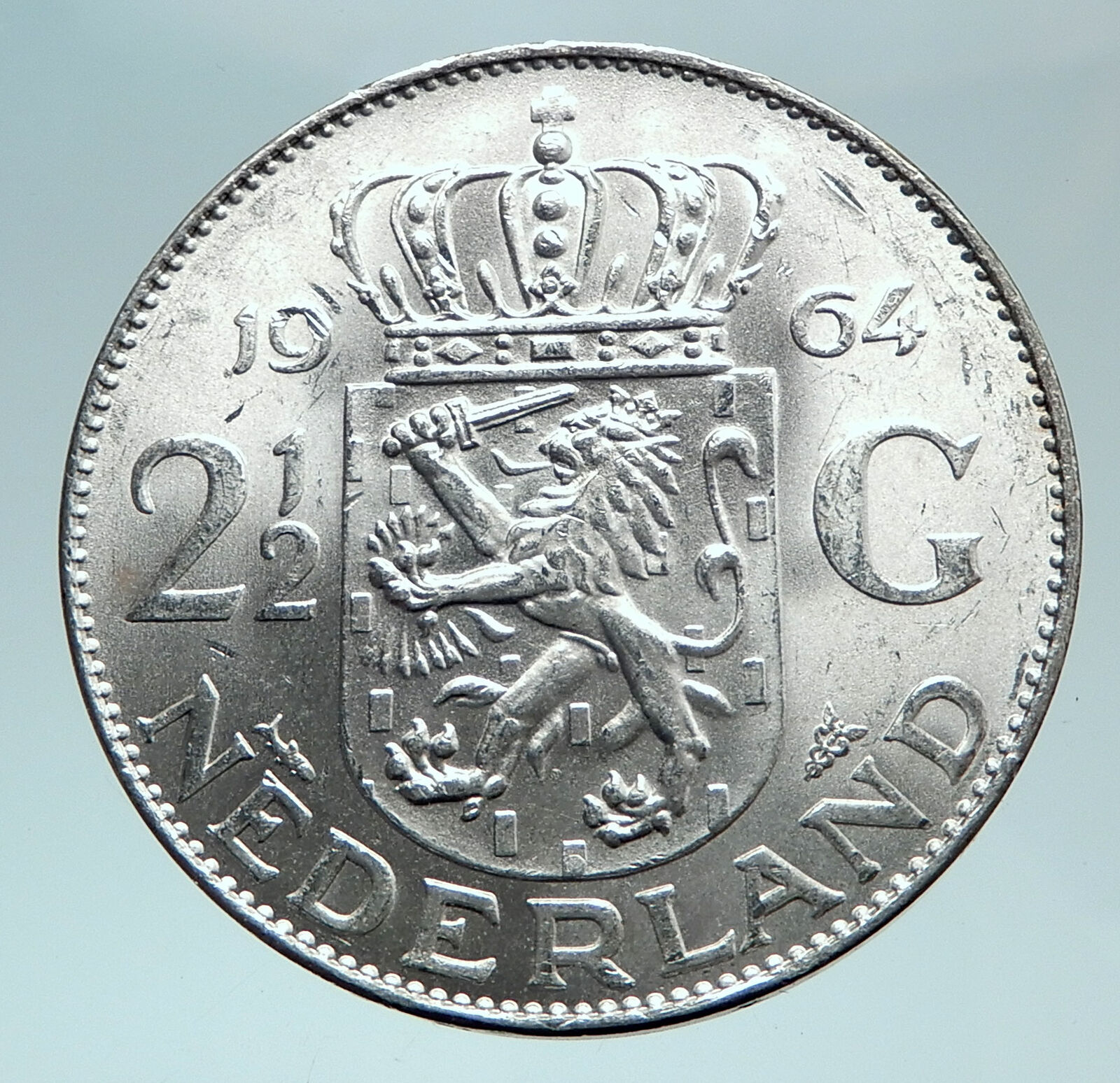 1964 Netherlands Kingdom Queen JULIANA Authentic Silver 2 1/2 Gulden Coin i81016