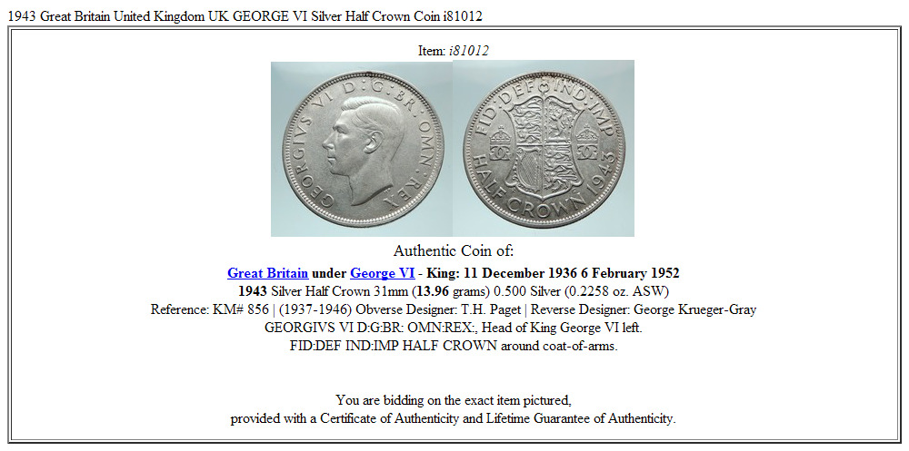 1943 Great Britain United Kingdom UK GEORGE VI Silver Half Crown Coin i81012