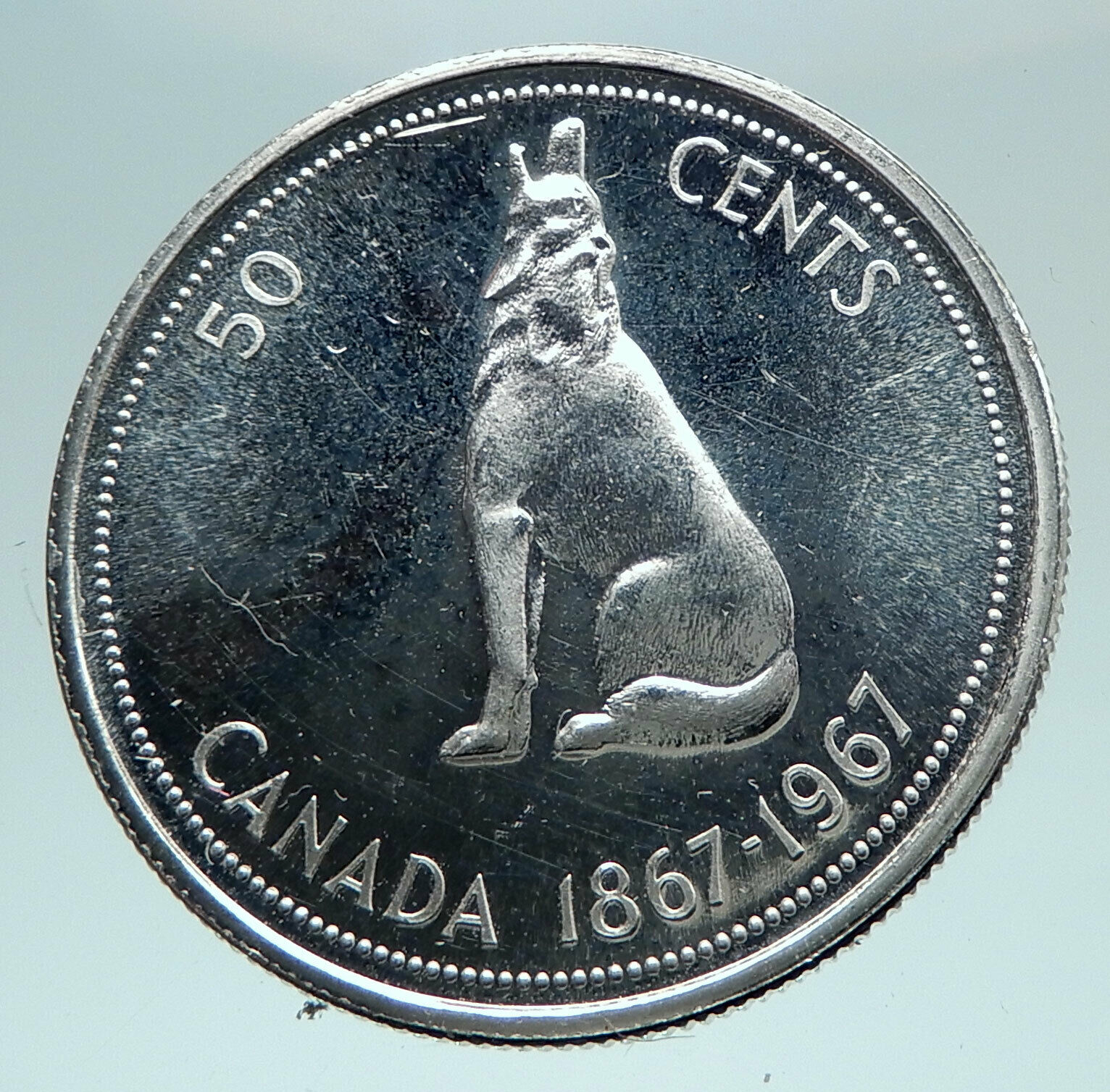 1967 CANADA UK Queen ELIZABETH II Wolf Howls Old Silver 50 Cents Coin i81011