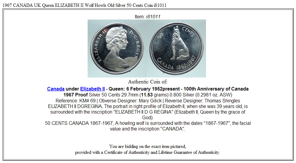 1967 CANADA UK Queen ELIZABETH II Wolf Howls Old Silver 50 Cents Coin i81011