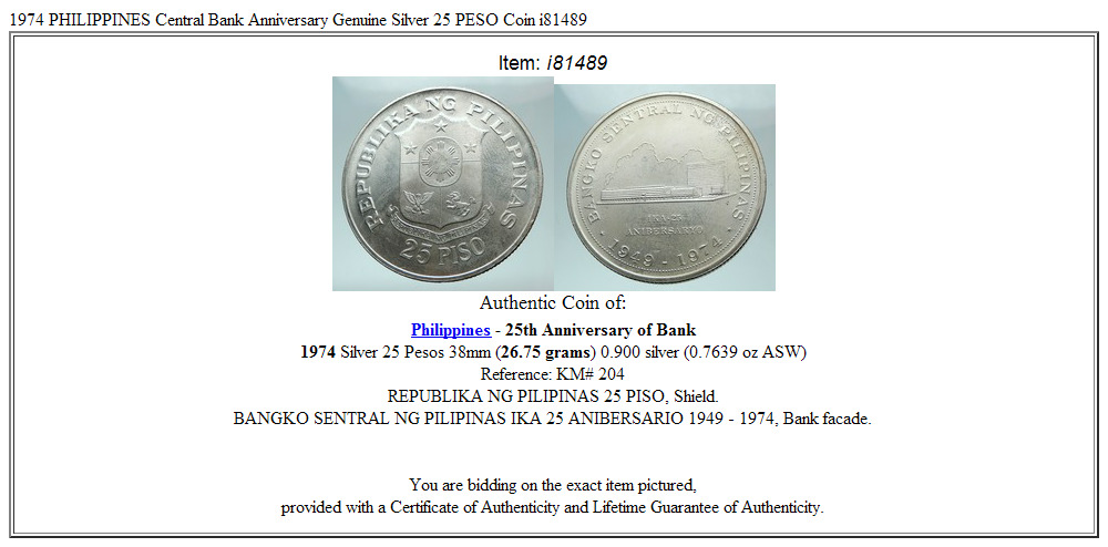 1974 PHILIPPINES Central Bank Anniversary Genuine Silver 25 PESO Coin i81489