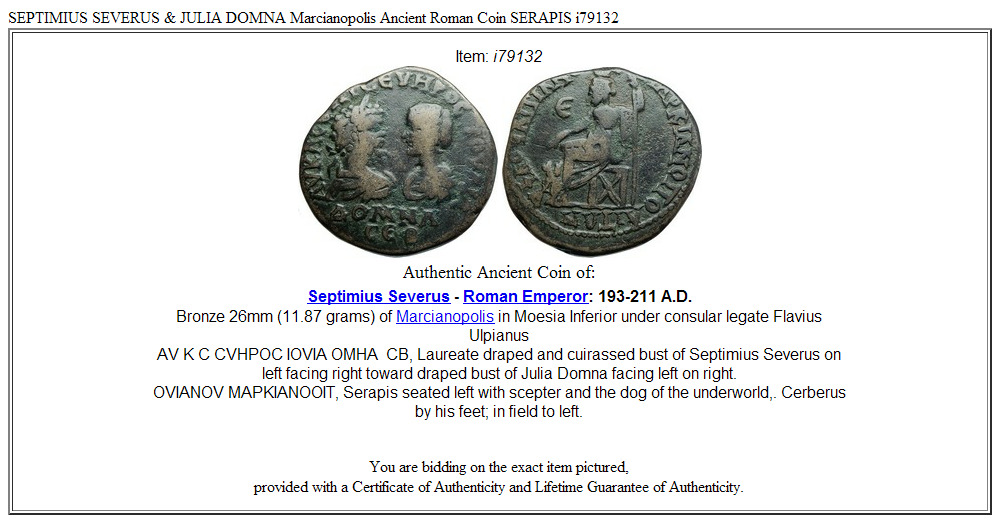 SEPTIMIUS SEVERUS & JULIA DOMNA Marcianopolis Ancient Roman Coin SERAPIS i79132