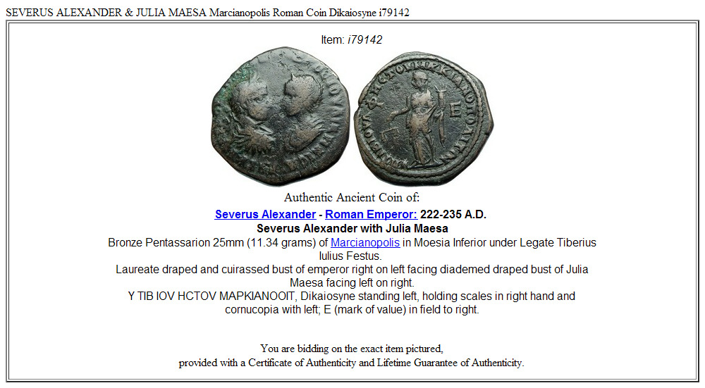 SEVERUS ALEXANDER & JULIA MAESA Marcianopolis Roman Coin Dikaiosyne i79142