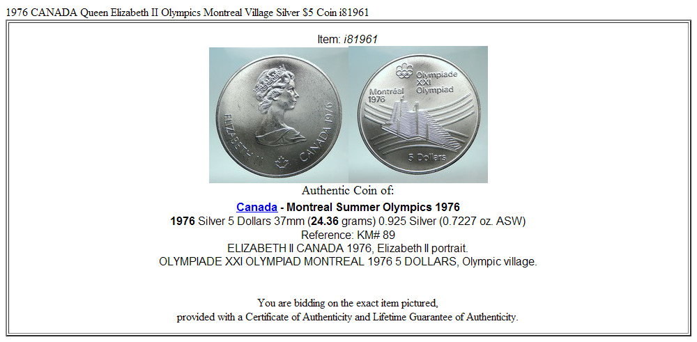 1976 CANADA Queen Elizabeth II Olympics Montreal Village Silver $5 Coin i81961